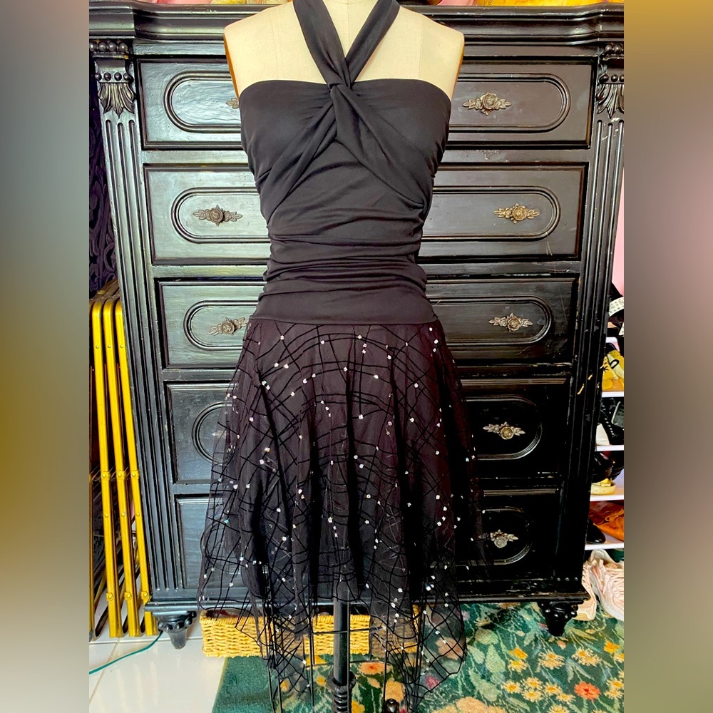 Most AUTHENTIC Vintage Fairycore Y2K 2000’s Scarf Bottom Black Dress Mini MIDI